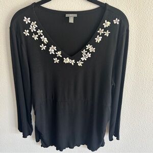 J.Jill Black Stretch V-Neck Top with Delicate Floral Embellishment Size M